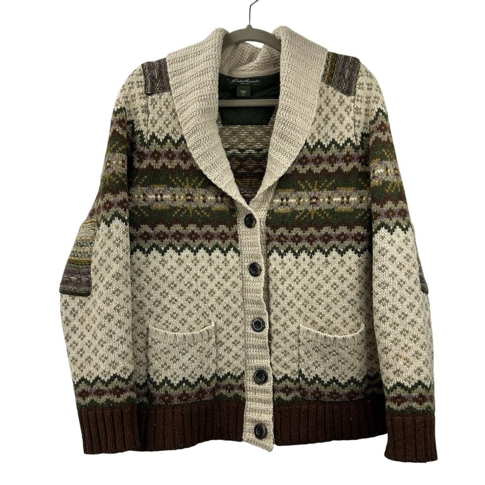 Eddie Bauer XL Womens Cardigan Sweater Wool Blend Fair Isle Shawl Collar VTG - Picture 11 of 16
